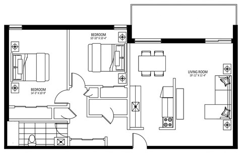 Floor plan for 2 beds, 1 bath, 930 sqft